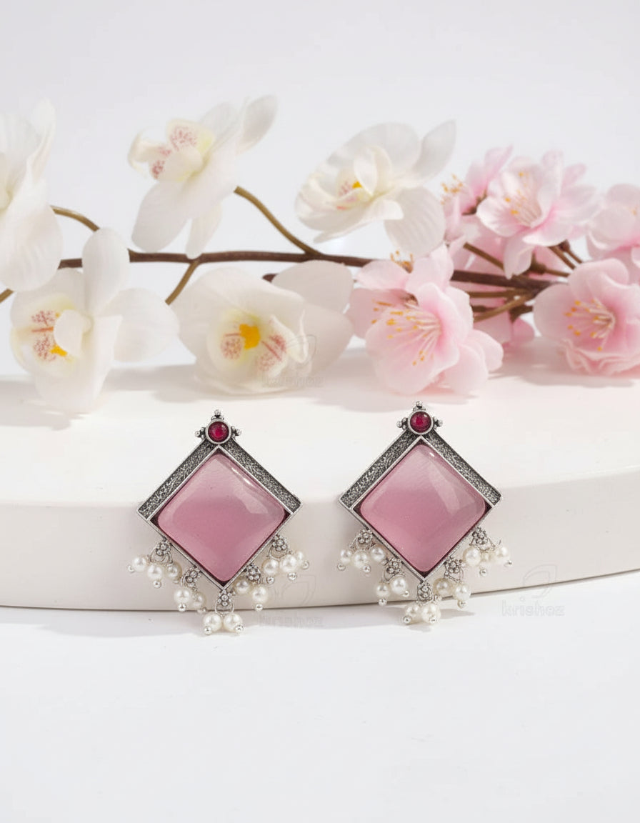 Alankrent Antique Silver Square Stone Pearl Drop Earrings – Available in 5 Elegant Colour Variants - Alankrent Luxe
