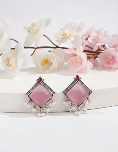 Alankrent Antique Silver Square Stone Pearl Drop Earrings – Available in 5 Elegant Colour Variants - Alankrent Luxe