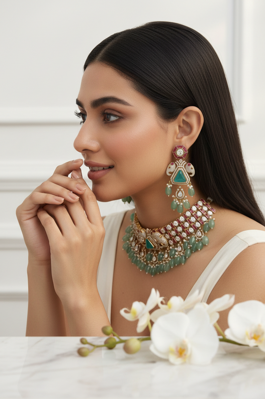 Elanira Polki Moissanite Choker Necklace Set with CZ Diamonds Green Bridal Jewellery  | Moissanite Jewellery India | Premium Indian Jewellery