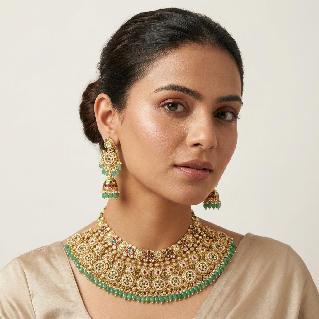 Grand Bridal Kundan Jadtar Necklace Set with Emerald Beads & Jhumka Earrings | Royal Wedding Jewellery – Alankrent
