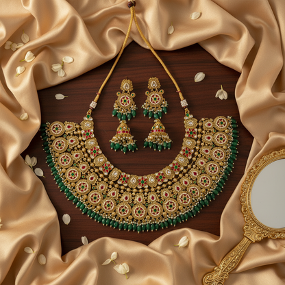 Grand Bridal Kundan Jadtar Necklace Set with Emerald Beads & Jhumka Earrings | Royal Wedding Jewellery – Alankrent