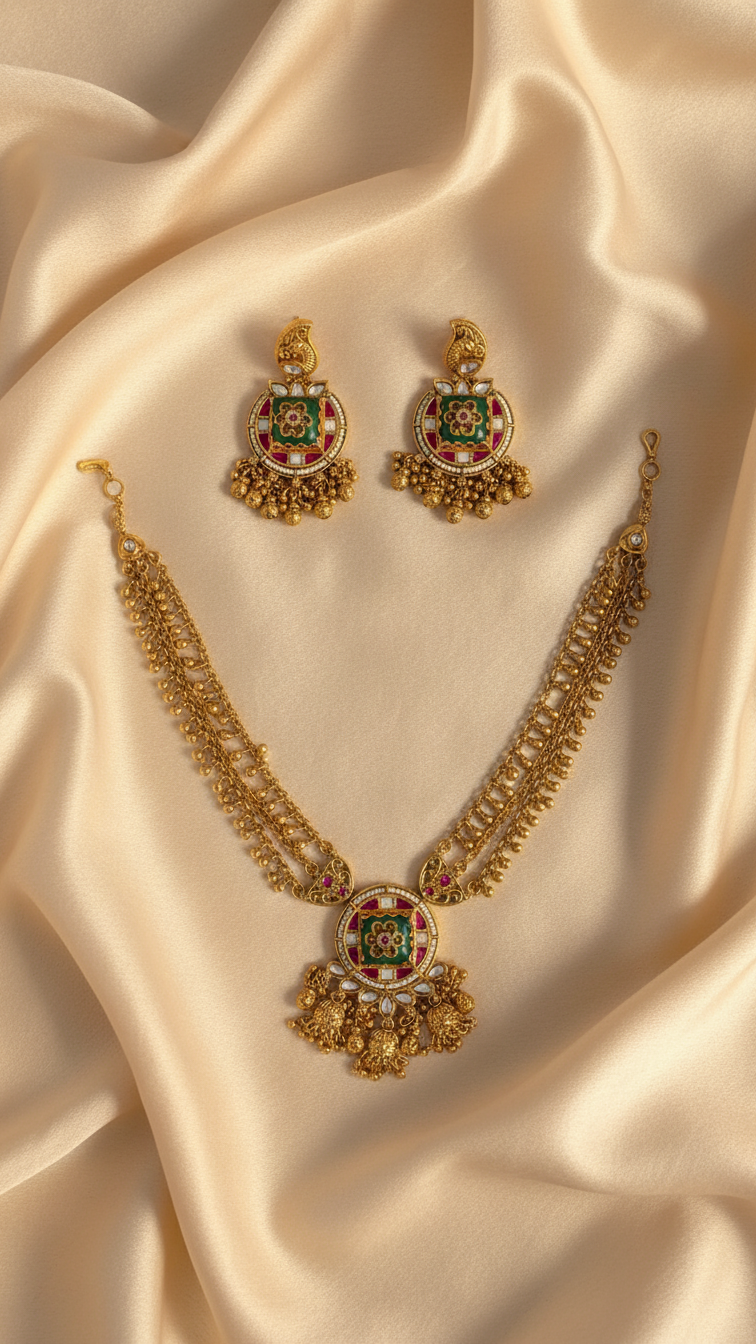 Traditional Jadtar Necklace Set with Meenakari Pendant & Chandbali Earrings | Heritage Indian Bridal Jewellery – Alankrent - Alankrent Luxe