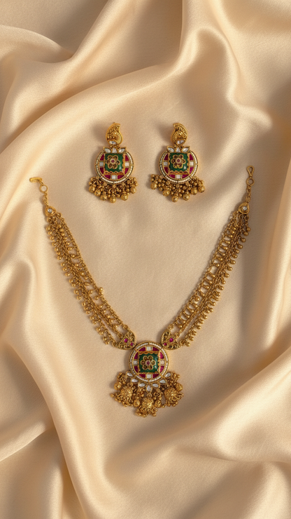 Traditional Jadtar Necklace Set with Meenakari Pendant & Chandbali Earrings | Heritage Indian Bridal Jewellery – Alankrent - Alankrent Luxe