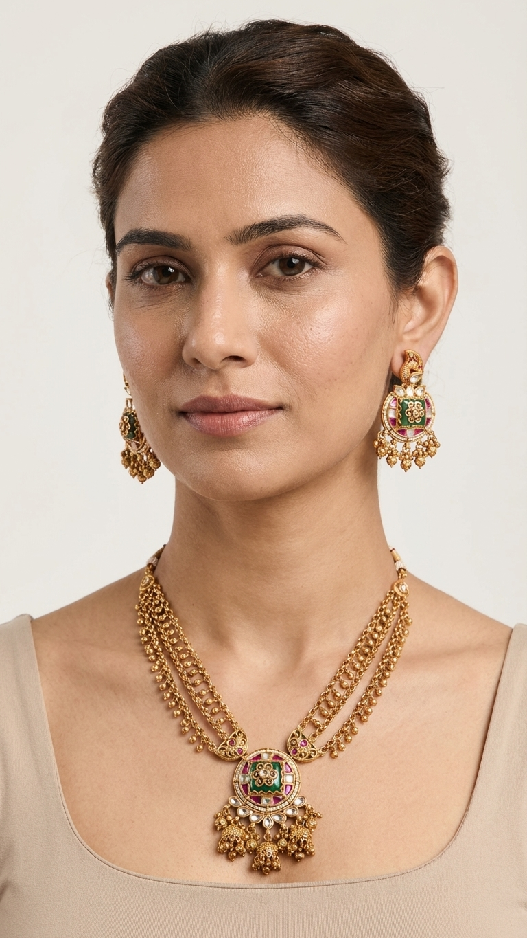 Traditional Jadtar Necklace Set with Meenakari Pendant & Chandbali Earrings | Heritage Indian Bridal Jewellery – Alankrent - Alankrent Luxe
