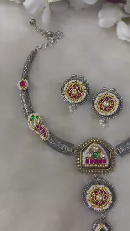 Navratri Kundan Silver Necklace Set with Earrings – Festive Jewellery for Durga Puja & Garba Nights