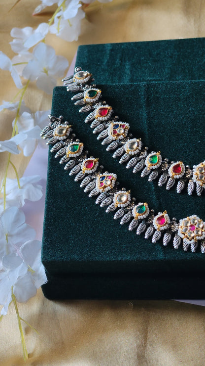 Handcrafted Oxidised Multicolor Kundan Payal with Leaf Drops Bridal Anklet in German Silver Traditional Indian Jewellery Alankrent