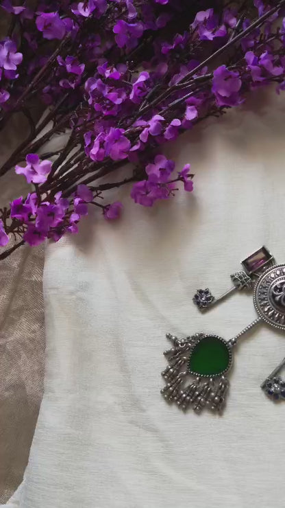 Aaranyaka Ratnadhara Premium SLA Pendant Set | Premium SLA Stone Long Pendant Necklace Set with Earrings | Traditional Indian Jewellery
