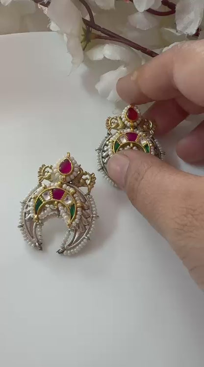 Kundan Polki Chandbali Hoops: Dual Tone Antique Pearl Earrings