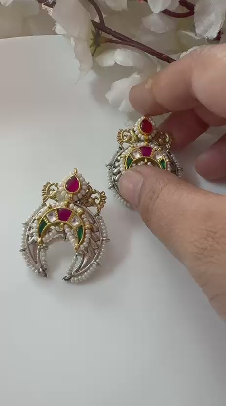 Kundan Polki Chandbali Hoops: Dual Tone Antique Pearl Earrings