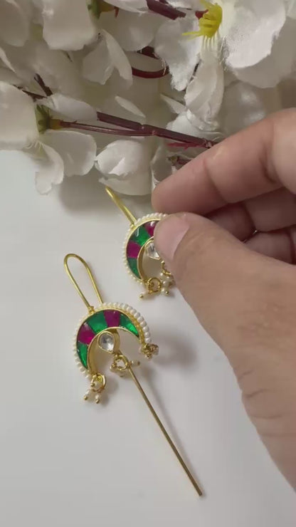 Chaandrika SLA Needle Kundan Earrings – Premium Crescent Moon Fusion Pearl Earrings