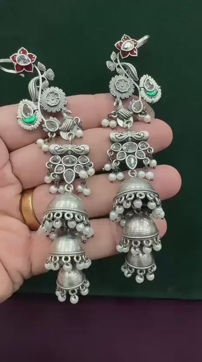 Adira Floral Earcuff Jhumkas in German Silver | Pacchi Kundan & Pearl Earrings