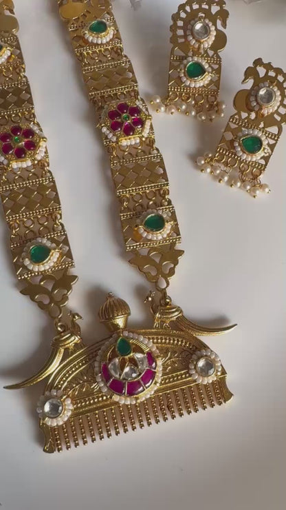 Rajsi Mayur Gold Matt Long Necklace Set with Kundan Fusion Earrings