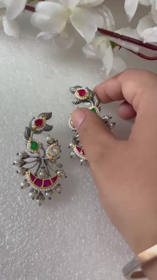 Kundan Pearl Fusion Chandbali Earrings Antique Silver Finish Budget Premium Collection | Kundan Jewellery India