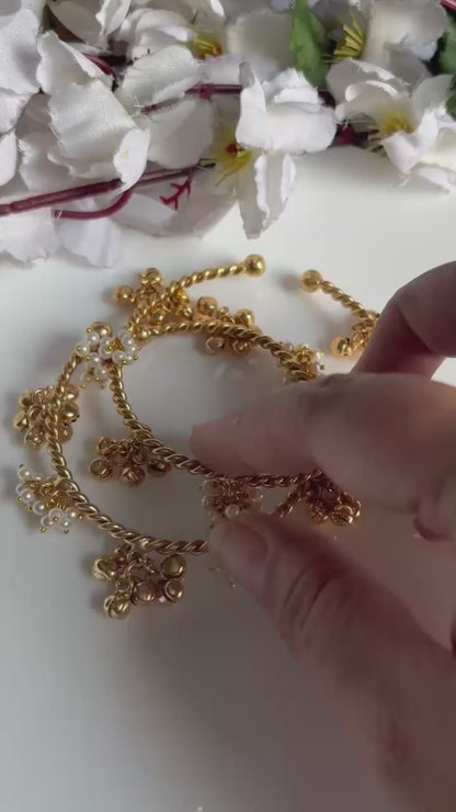 Golden Flexible Pearl & Ghungroo Bangles | Adjustable Traditional Bangles for Women (Pair)