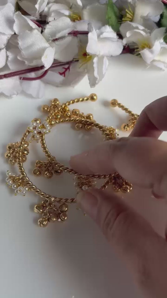 Golden Flexible Pearl & Ghungroo Bangles | Adjustable Traditional Bangles for Women (Pair)