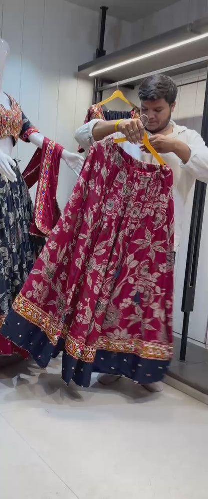 Rajwadi Gamthi Chaniya Choli in Gaji Satin with Embroidered Cotton Dupatta