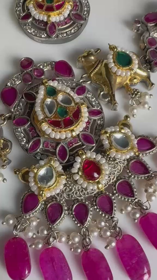 Nandivardhana Dual Tone Kundan Necklace Set | Dual Tone Nandi SLA Long Kundan Fusion Necklace with Earrings | Premium Indian Ethnic Jewellery
