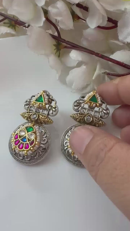 Alankrent Shringar Fusion Stud Danglers – German Silver Oxidised Earrings with Kundan & Meenakari