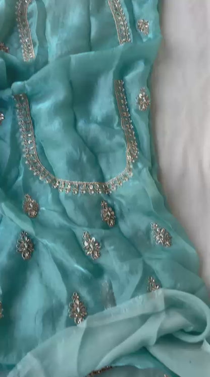 Aaranya Turquoise Luxe Saree | Turquoise Blue Pure Lycra Saree with Fancy Coding Work and Contrast Ivory Blouse