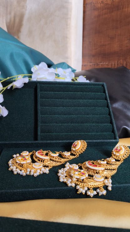 Rajnandini Gold Matt Kundan Chandbali Earrings | Premium Heritage Statement Earrings