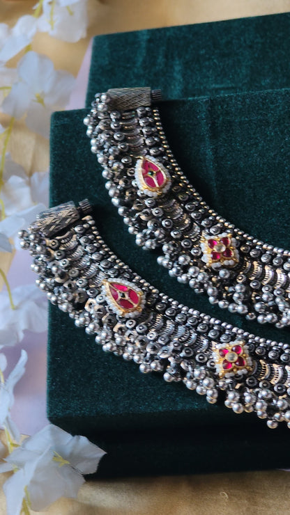 Anvitha Handcrafted Oxidised Heavy Kundan Payal with Pearl Ghungroo Detailing Traditional Bridal Anklet German Silver Statement Jewellery | Premium Indian Jewellery