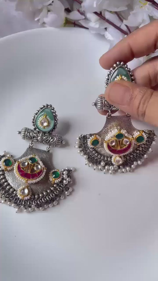 Handcrafted Oxidized Silver-Look Chandbali Earrings with Kundan, Meenakari & Pearl Drops