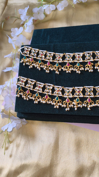 Inayra Handcrafted Multicolor Pacchi Kundan Payal with Pearl Drops Bridal Anklet in Brass and German Silver Traditional Indian Jewellery | Premium Indian Jewellery