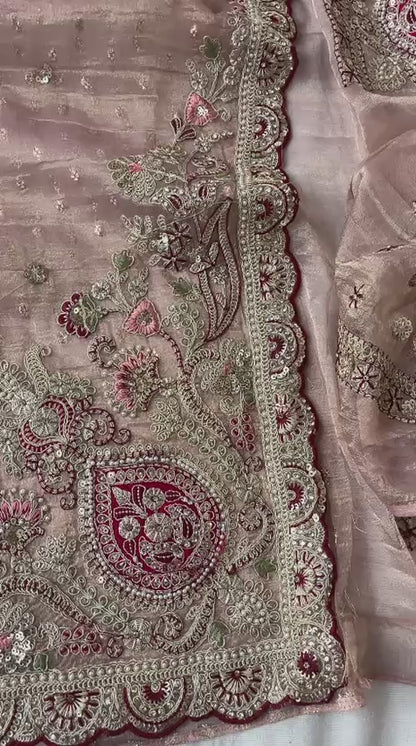 Gulnaar Royale Blush Pink Tissue Banarasi Saree with Pearl, Dori & Sequins Embroidery