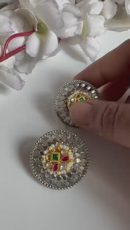 Svarnarekha Dual Tone SLA Fusion Pachi Kundan Stud Earrings | Premium Brass Antique Stud Earrings | Traditional Indian Jewellery | Alankrent Luxe