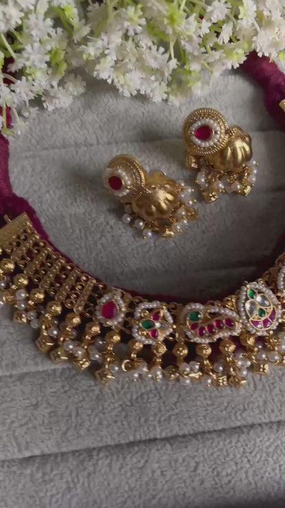 Vamika Kundan Fusion Thread Gold Necklace with Earrings | Premium Navratri Jewellery Set