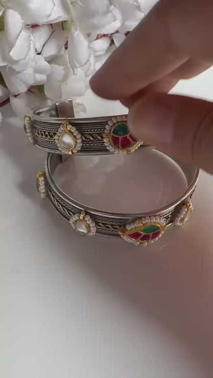 Padmika Premium Kundan Fusion Dual Tone German Silver Flexible Handcuff Kada (Pair)| Brass Based Adjustable Cuff Bracelet for Women