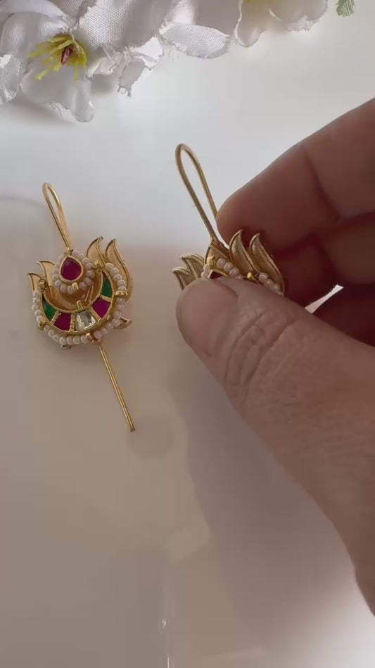 Traditional Gold Temple Matti Pins: Ruby & Pearl Kanphool Earrings