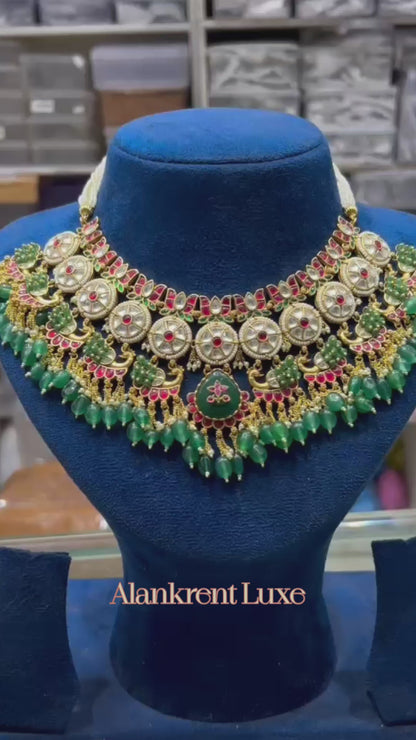 Emerald Kundan Peacock Choker Set with Earrings | Luxury Bridal Statement Necklace | Alankrent Signature Collection