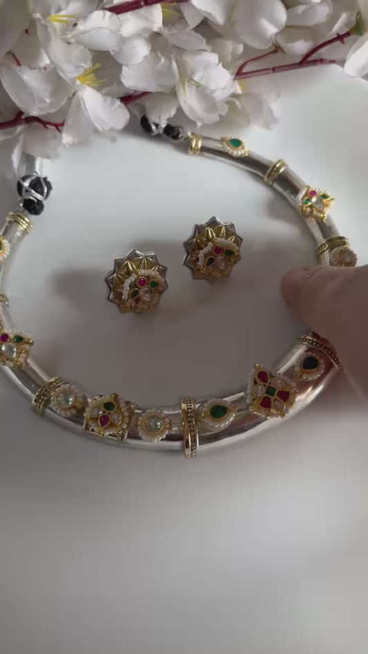 Ravisha Silver Look Alike Kundan Hasli Necklace Set with Matching Earrings | Brass Base Traditional Statement Jewellery – Limited Edition |  | Kundan Jewellery India | Premium Indian Jewellery