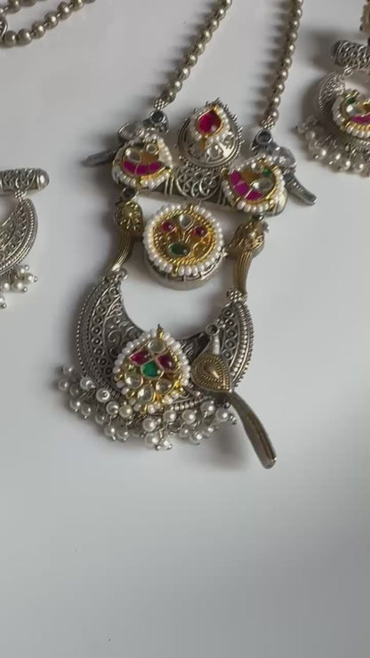 Morpankh Raag Dualtone Kundan Long Necklace Set | Traditional Fusion Jewellery with Earrings