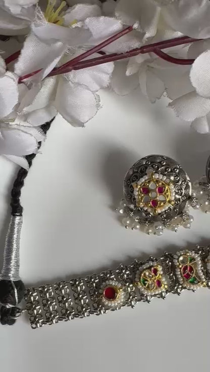 Rajwadi Premium Kundan Fusion Choker Necklace Set with Round Earrings Dual Tone SLA Jewellery for Women