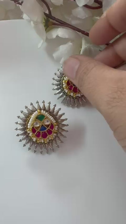 Suryakanti Dual Tone SLA Kundan Fusion Stud Earrings | Premium Silver Look Budget Ethnic Earrings for Women