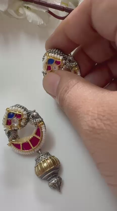 Dual Tone Chandbali Earrings: Antique Polki & Meenakari Fusion Jhumkas