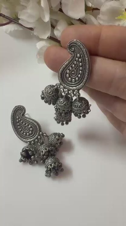 Oxidized Silver Jhumka Earrings: Traditional Paisley Black Metal