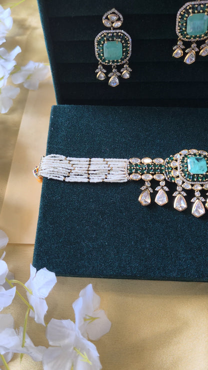 Kashvee Victorian Maharani Polki Moissanite Pearl Choker Necklace Set Green Bridal Wedding | Premium Indian Jewellery