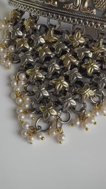 Rajsi Gulbahar Premium Dualtone Handmade SLA Thread Hasli with Pearl Detailing & Earrings | Navratri Jewellery