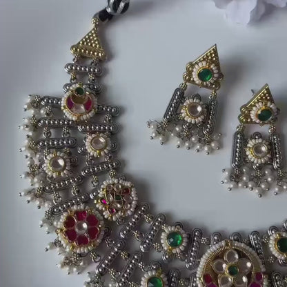 Silver Lookalike Dualtone Double Layered Necklace with Kundan Fusion & Earrings