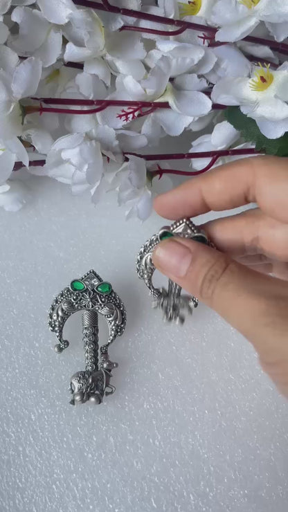 Noorvika Silver Look Kamdhenu Motif Statement Earrings with Coloured Stones – Handcrafted Temple Design | Fashion Jewellery India | Premium Indian Jewellery