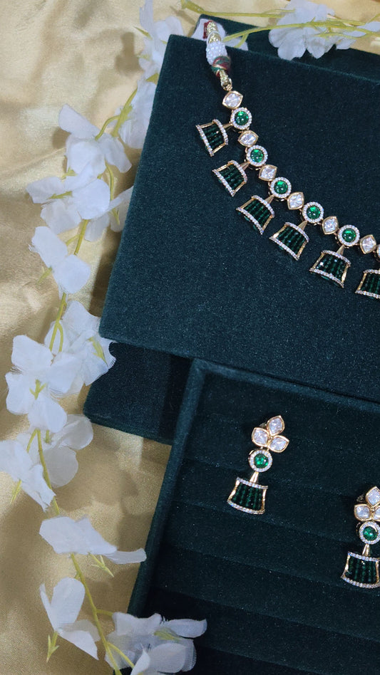Tishaya Emerald Green Polki Necklace Set with Earrings Festive Jewellery India | Premium Indian Jewellery
