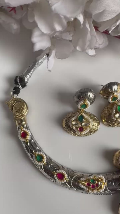 Vamika Kundan Fusion Dual Tone Hasli Choker with Earrings | Navratri & Festive Jewellery