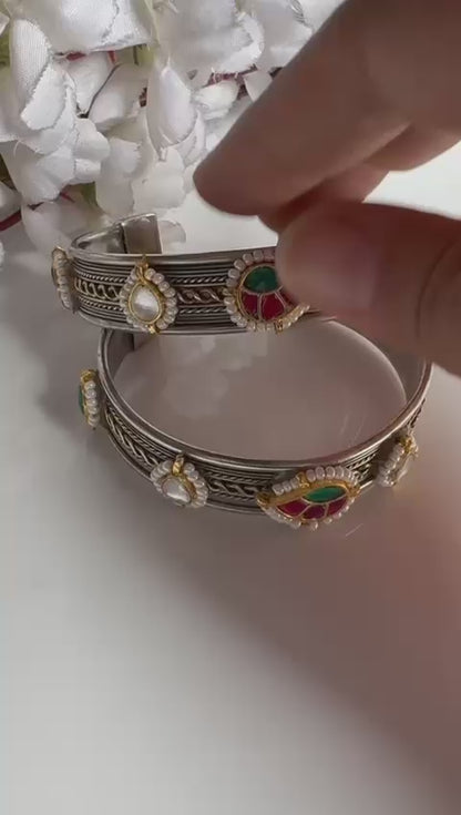 Vaidehi Premium Dual Tone German Silver Kundan Fusion Flexible Handcuff Kada for Women | Adjustable Brass Cuff Bracelet