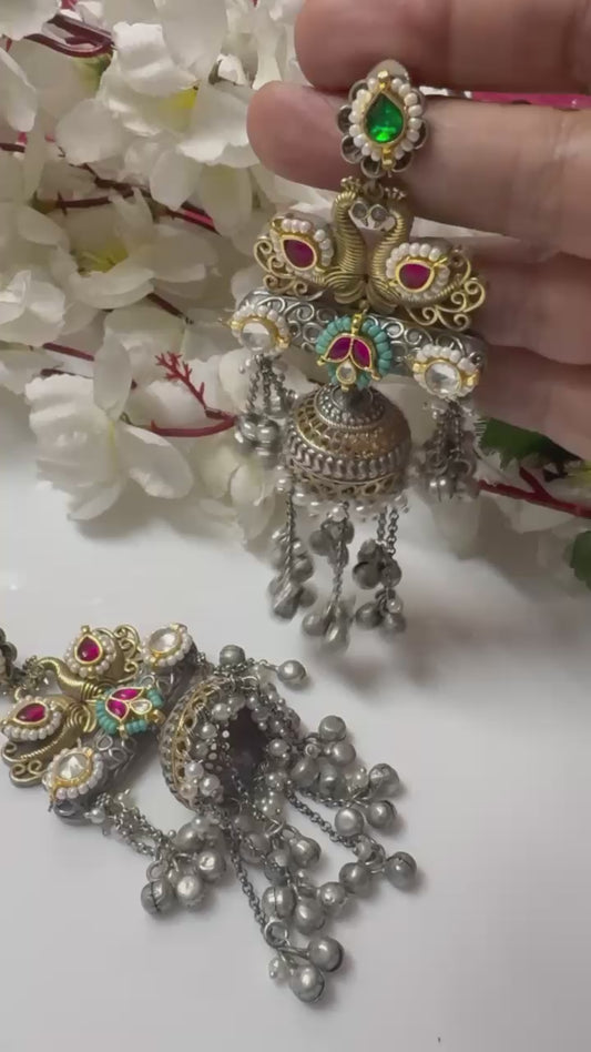 Antique Dual-Tone Peacock Jhumka Earrings - Temple Jewelry