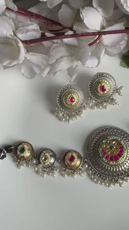 Rajwada Noor Silver Look Alike Dual Tone Pacchi Kundan Choker Necklace