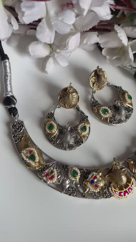 Aabira Dual Tone Kundan Necklace Set with Earrings Silver Look Bridal Jewellery India | Premium Indian Jewellery