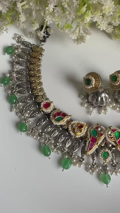 Ishani Kundan Fusion Hasli Necklace with Green Crystal Drops | Dual Tone SLA Jewellery